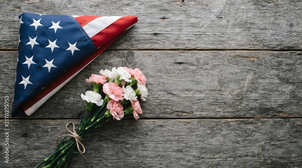 Fototapeta premium American flag and flowers laid on weathered wood memorial remembrance