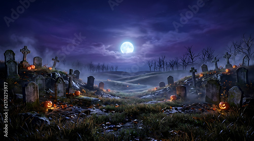 Spooky halloween graveyard at night with glowing jackolanterns, weathered tombstones, and a full moon illuminating a misty, eerie landscape