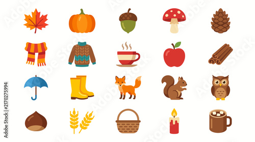 A colorful image of a fall scene with various items such as a chair, a book, a pumpkin, and a cup