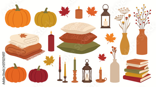 A colorful image of a fall scene with various items such as a chair, a book, a pumpkin, and a cup