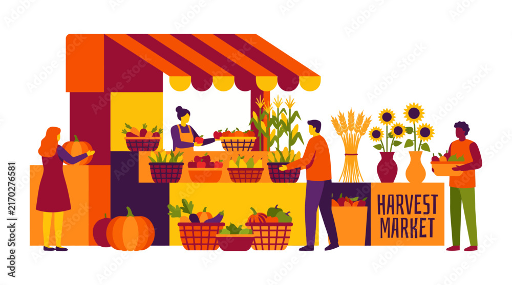 Fototapeta premium colorful flat-style illustration of a lively harvest market featuring fresh vegetables, pumpkins, flowers, wheat, and shoppers. The bold warm colors and clean vector shapes create a cheerful, friendly