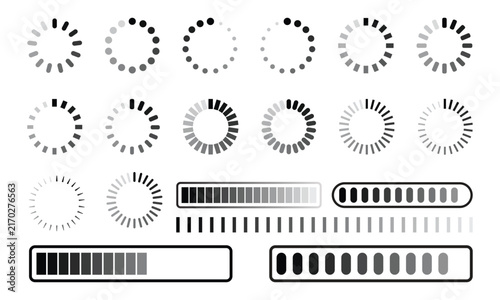 Clean loading bars and circular set progress monochrome collection of dotted and segmented loading spinners with horizontal progress elements. Vector illustration