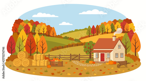 Autumn landscape with trees and path in flat style. Fall nature background. Vector illustration.