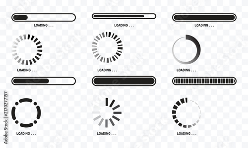 Clean loading bars and circular set progress monochrome collection of dotted and segmented loading spinners with horizontal progress elements. Vector illustration with transparent background.