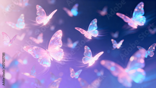 Glowing butterflies flying in a magical dreamlike atmosphere with soft pink and blue light