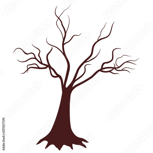 Dark brown bare winter tree silhouette on white background