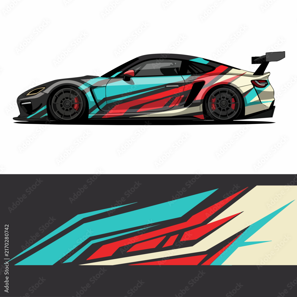 Naklejka premium Colorful sports car with dynamic racing decals and spoiler