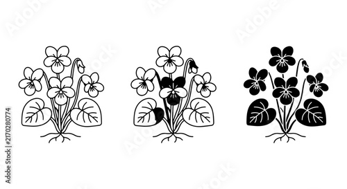 Violet Flower Illustrations: Delicate Botanical Vector Art Set, Black and White Floral Designs