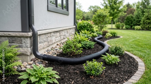 Dark corrugated plastic drainage pipe connected to black downspout on stone residential foundation for yard water redirection.