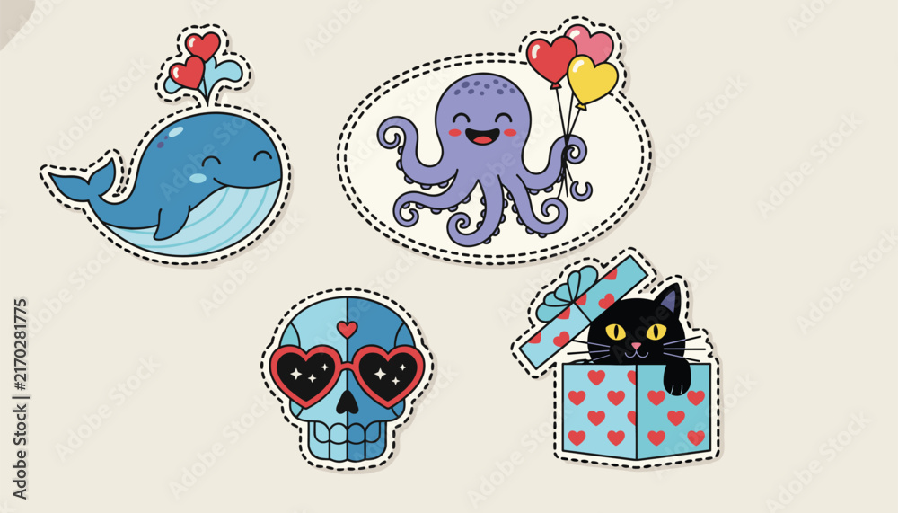 Naklejka premium Colorful sticker set featuring a whale, an octopus with balloons, a skull in glasses, and a black cat in a gift box.
