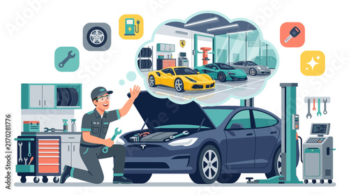 Professional Mechanic Repairing Car Dreaming of Luxury Supercars