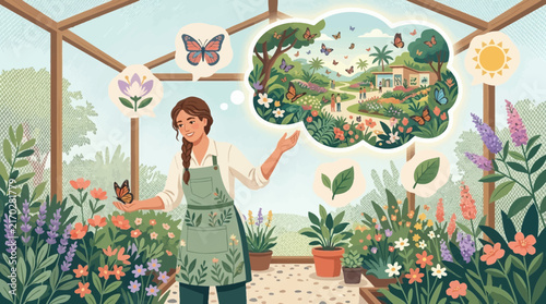 Female gardener dreaming of a butterfly sanctuary in a greenhouse