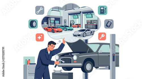 Professional Mechanic Repairing Vehicle Dreaming of Modern Auto Shop