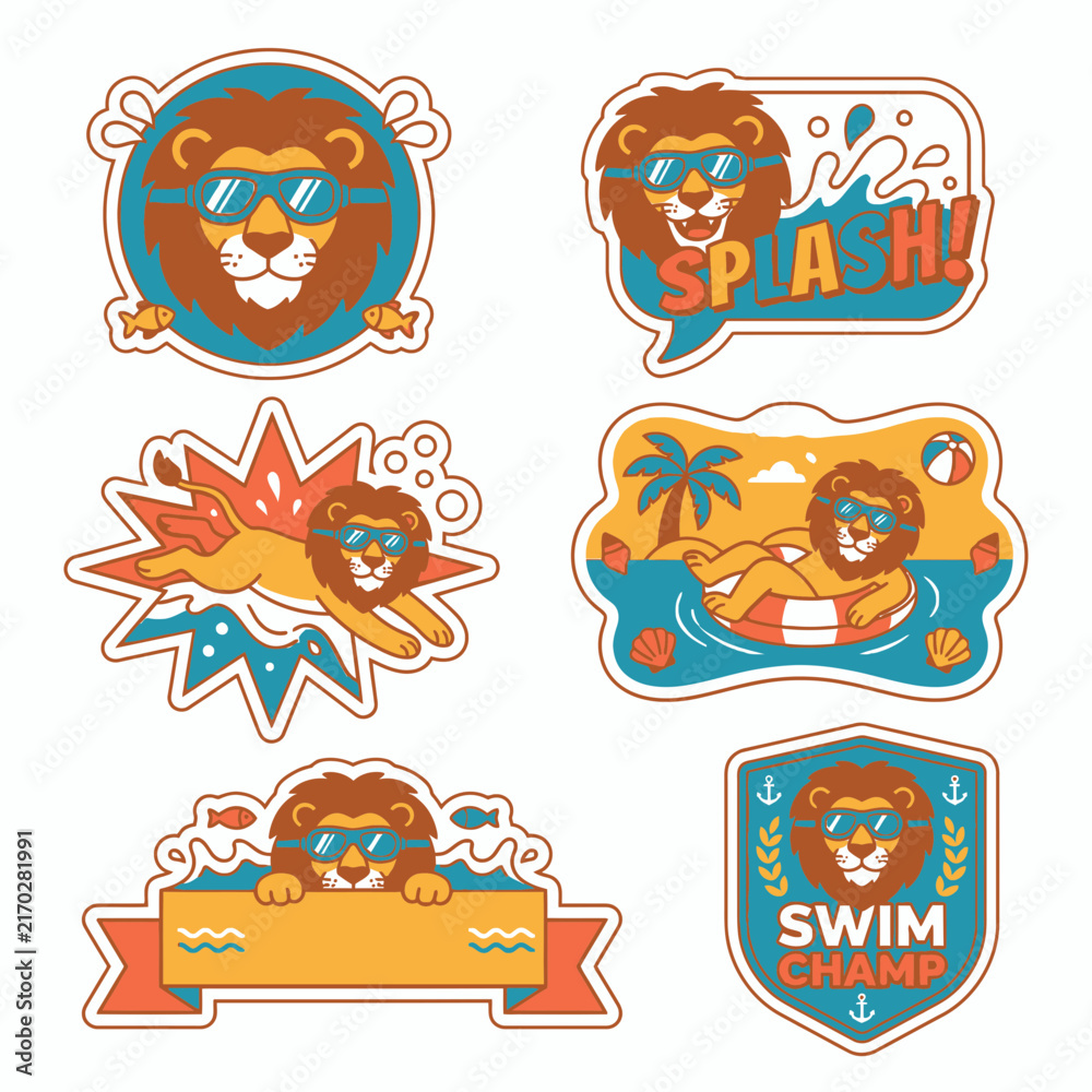 Fototapeta premium Swimming lion character pool and water activity stickers.