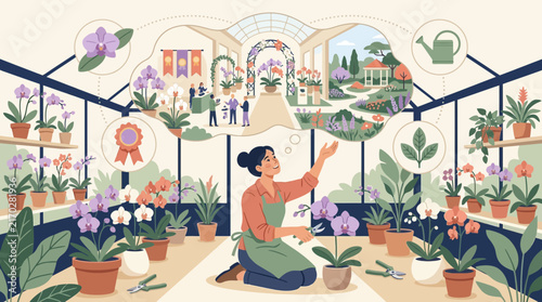 Female orchid grower caring for plants in greenhouse dreaming of flower show