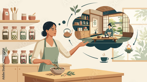 Woman tea blender mixing loose leaf tea in a cozy herbal shop