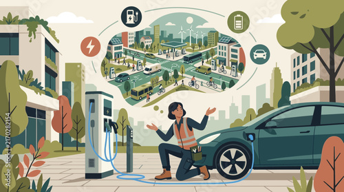 Technician Installing Electric Car Charging Station in Sustainable Smart City