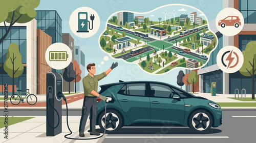 Technician charging electric car with vision of sustainable green smart city infrastructure