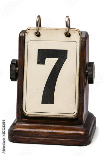 Vintage Number 7 Desk Calendar Isolated on White Background Date Planning and Time Management Concept