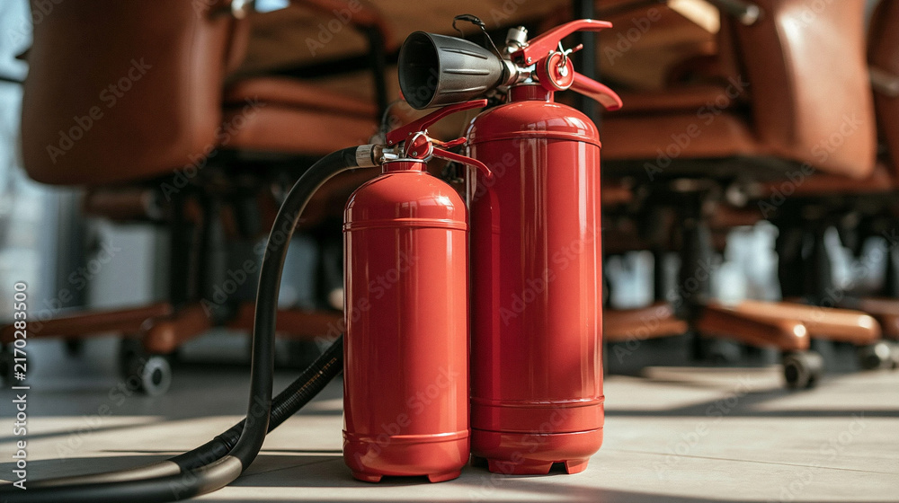 Obraz premium Safety First: Two red fire extinguishers stand ready in an office environment, symbolizing preparedness and safety in a professional setting.