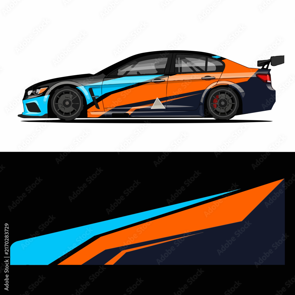 Naklejka premium Colorful sports car with dynamic racing livery design
