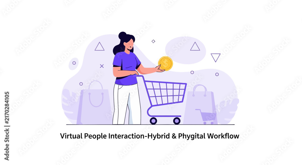 Obraz premium Woman with Shopping Cart and Gold Coin - Hybrid and Phygital Commerce Concept