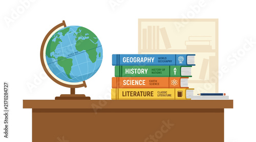 School Desk with Globe and Textbooks Vector Illustration