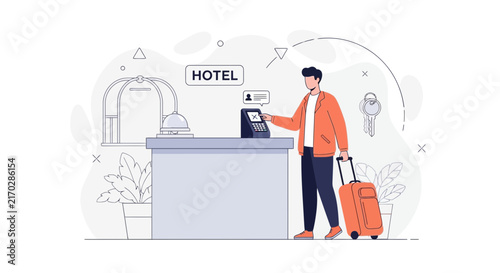 Man checking into hotel at reception desk with suitcase, modern flat illustration style