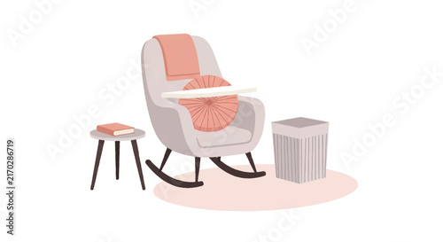 A cozy corner with a modern nursing chair, a round pillow, and a small side table with a book. High contrast, clean lines, organized and peaceful. Minimalist flat vector artwork, clipart style,