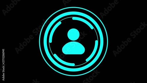 Vibrant cyan outline of a person enclosed by a circular with concentric rings and segmented arcs, presented on a stark black background symbolizing digital access.