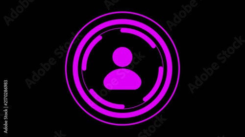 Vivid purple outline of a person within a circular featuring concentric rings and segmented arcs, displayed on a black background signifying digital security.