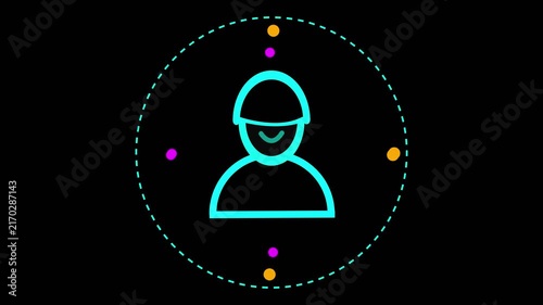 Cyan Outline Of A Person Wearing A Helmet Within A Dashed Circle With Scattered Colorful Dots On Black Background.