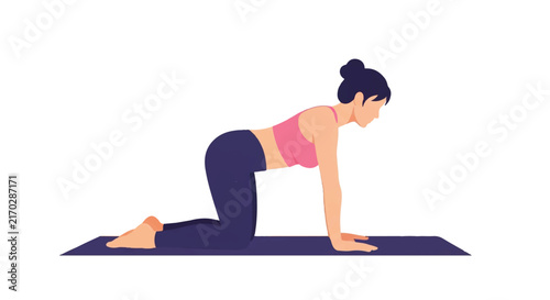 A silhouette of a woman performing a gentle cat-cow yoga stretch on a mat, symbolizing postpartum core rehabilitation. Bright airy mood, peaceful atmosphere. Minimalist flat vector artwork,