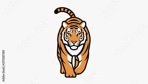 Majestic tiger walks forward with a confident gaze, shown in a clean graphic vector style on a white background.