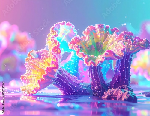 Bioluminescent neon mushrooms in magical fantasy forest.