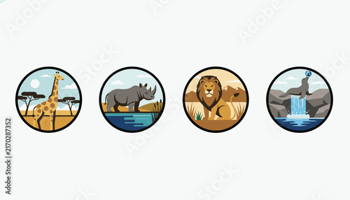 Group of four circular icons featuring safari and zoo animals like giraffe, rhino, lion, and a seal with a ball.