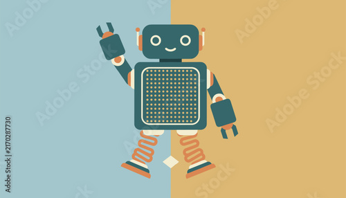 Retro cartoon robot with spring legs waves its hand on a split color blue and beige background, flat vector design.