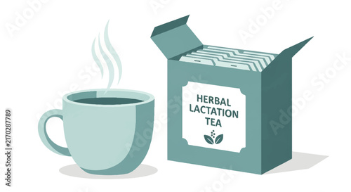 A steaming mug of tea with a box of herbal lactation tea bags. Cozy and warm mood, soft teal and white palette. Minimalist flat vector artwork, clipart style, absolute solid block colors,