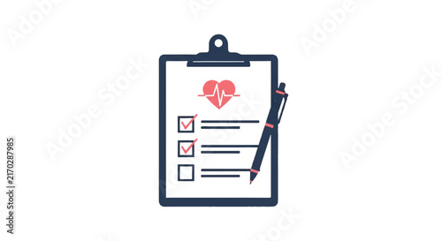 A checklist on a clipboard with a heart symbol and a pen, representing a postpartum mental health screening. Informative and hopeful mood. Minimalist flat vector artwork, clipart style, absolute