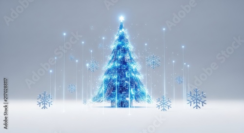 A futuristic digital fir tree rises above a white winter landscape featuring high-tech crystalline snowflakes and radiant blue light beams, geometric, modern, futuristic