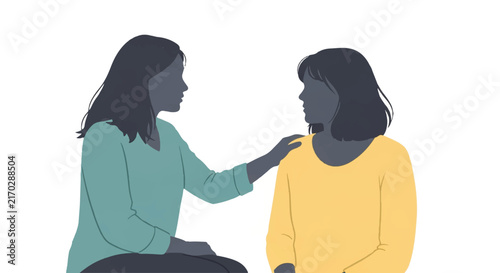 Two female silhouettes sitting and talking, one placing a comforting hand on the other's shoulder, representing postpartum counseling. Calm and empathetic mood. Colors are muted teal, grey, and