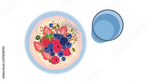 A top-down view of a healthy postpartum meal featuring a bowl of oatmeal with berries and seeds next to a glass of water. Fresh and vibrant look. Colors of berry pink, oat beige, and clear blue.