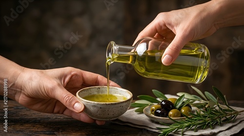 Person pouring extra virgin olive oil from a glass bottle into a small ceramic bowl.