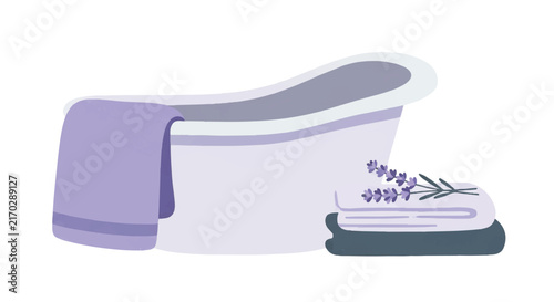 A minimalist arrangement of a sitz bath basin, a soft folded towel, and a small sprig of lavender. Peaceful bathroom setting. Colors of lavender purple, slate grey, and white. minimalist flat