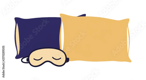 A sleeping mask and a plush pillow on a bed, representing the importance of rest during the fourth trimester. Quiet and serene mood. Colors of indigo, pale gold, and white. minimalist flat