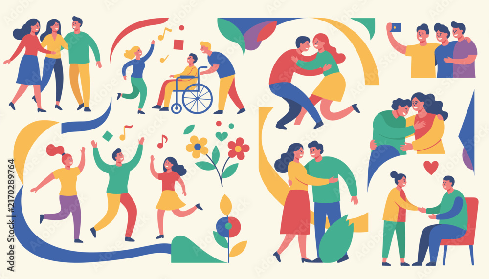 Fototapeta premium Diverse collection of happy people dancing, hugging, taking selfies, and celebrating friendship in a colorful graphic design.