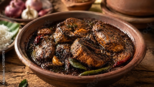 Authentic Sri Lankan Fish Ambul Thiyal with Tuna in Traditional Clay Pot Featuring Goraka Spices and Coastal Village Cuisine for Restaurant and Travel Marketing