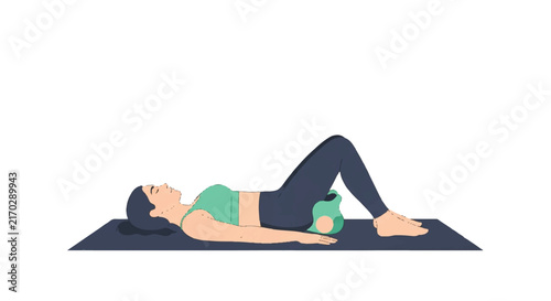 A minimalist flat vector of a woman performing a gentle pelvic floor bridge exercise on a yoga mat, emphasizing postpartum physical therapy, mint green and charcoal colors, minimalist flat