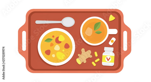 A minimalist flat vector top view of a postpartum recovery meal tray featuring a warm bowl of soup, ginger tea, and vitamin supplements, terracotta and yellow accents, minimalist flat vector