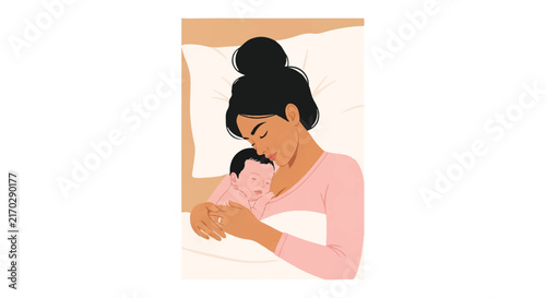 A minimalist flat vector of a mother and newborn baby sleeping skin-to-skin in a bright minimalist bedroom, warm sand and soft pink tones, minimalist flat vector artwork, clipart style, absolute